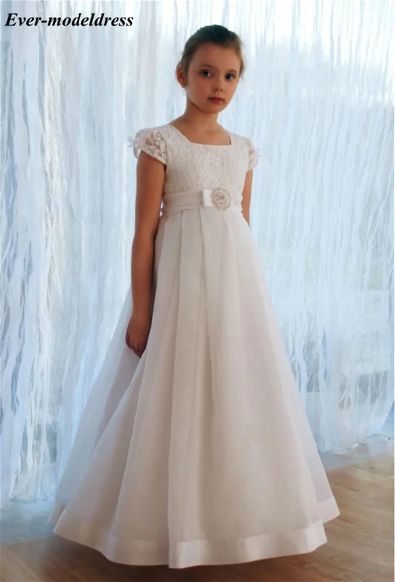 

Vestidos White Lace Flower Girl Dresses 2020 Cap Sleeves Bow Sash A-Line First Communion Dresses Girls Pageant Gowns Customized