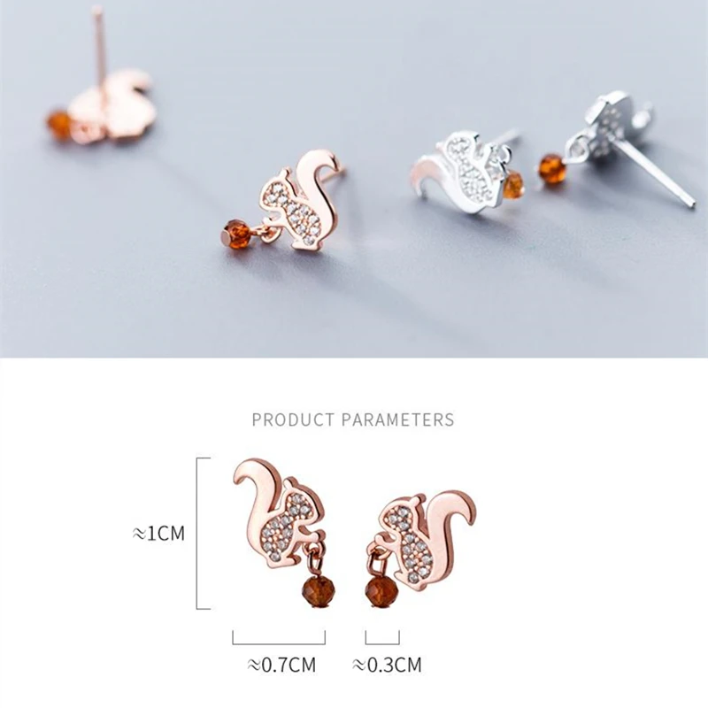 100% 925 Sterling Silver Rose Gold Cute Animal Element Squirrel Pine Nut Stud Earrings Piercing Charm Fashion Jewelry For Girls | Украшения
