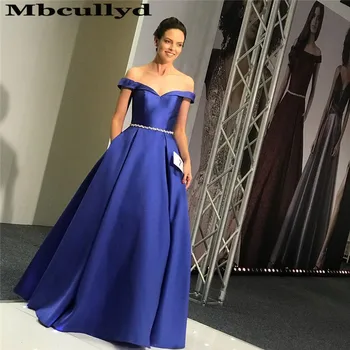 

Mbcullyd Royal Blue Satin Prom Dresses Long 2020 Charming Off Shoulder Evening Party Gowns With Crystal Formal robe de soiree