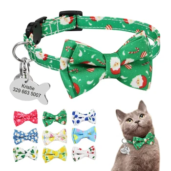 

Customized Cat Collar Cute Bow Tie Pet Christmas Necklace Quick Release Cats Safety Collars With Bell Fish ID Tag Santa Print