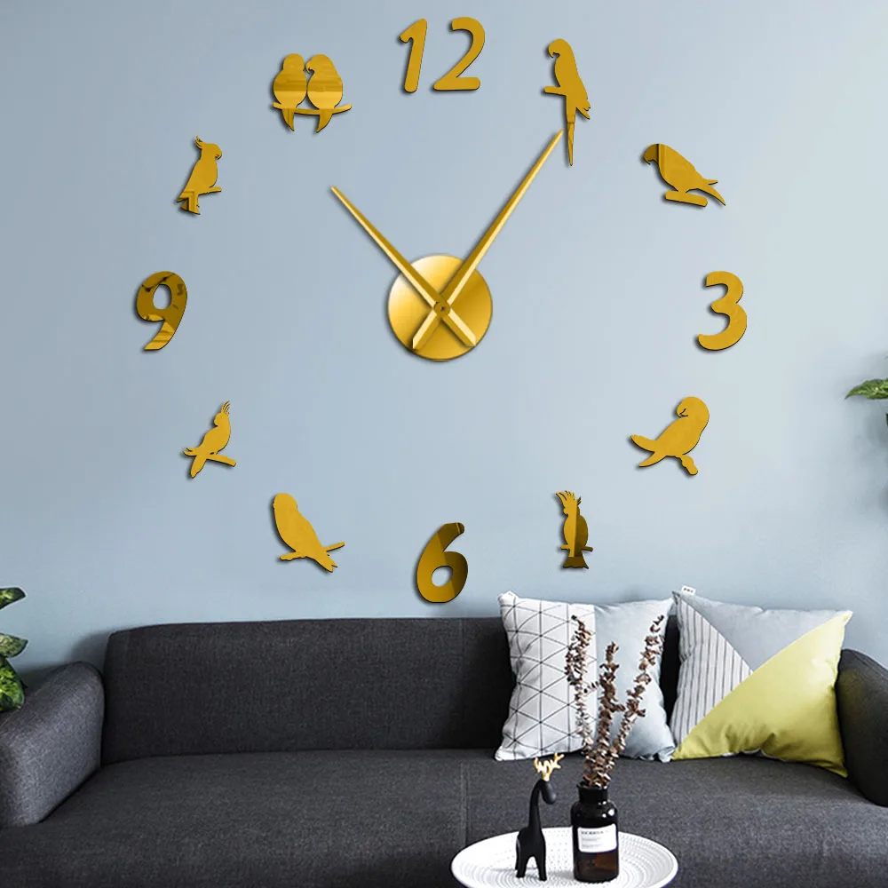 Parrot Acrylic Mirror Wall Stickers Cockatoo DIY Big Wall Clock Tropical Bird Art Ornithology Home Decor Hanging Watch