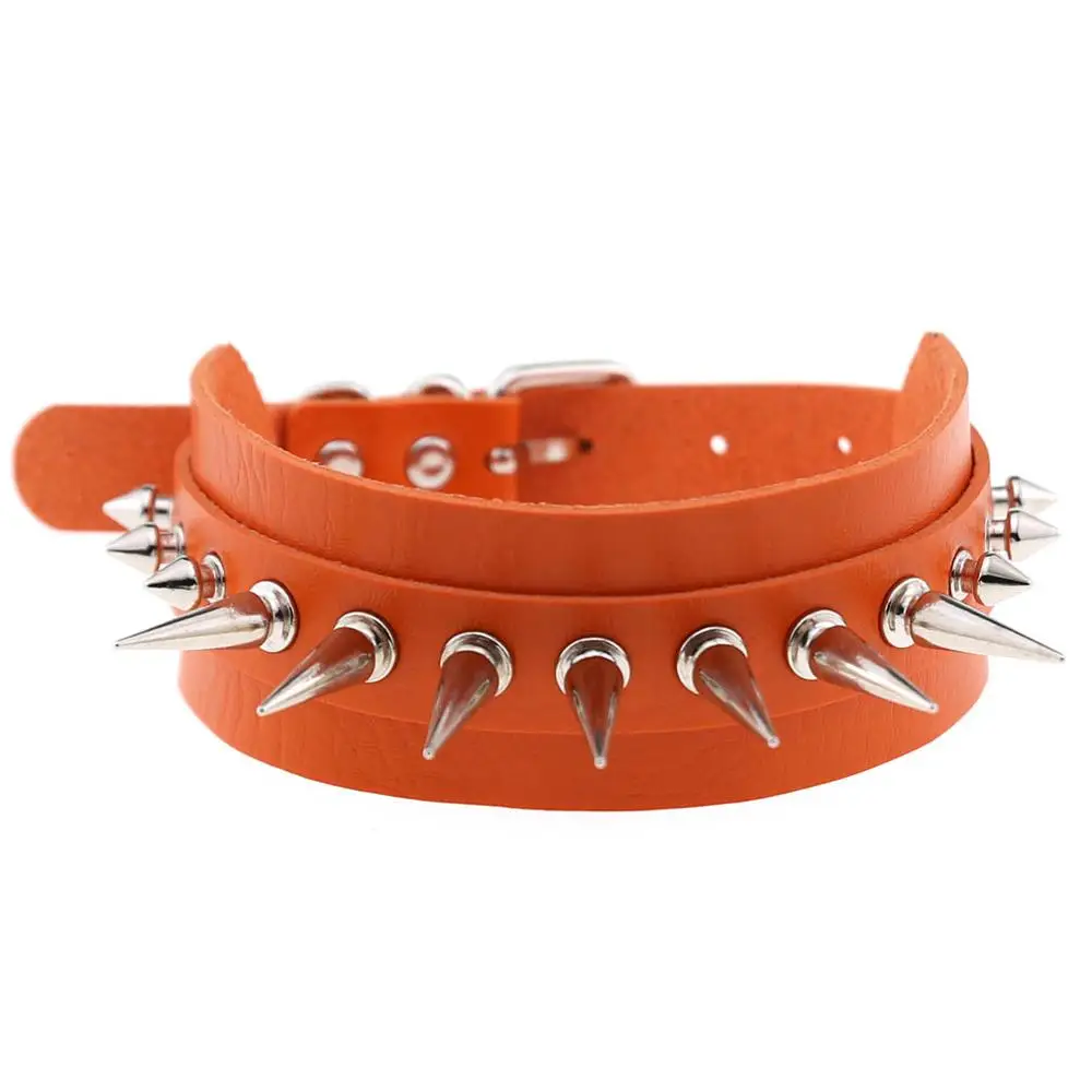 KMVEXO Punk Rock Gothic Leather Chokers for Women Mens Silver Spike Rivet Stud Collar Choker Necklaces Statement Anime Jewelry - Окраска металла: Orange