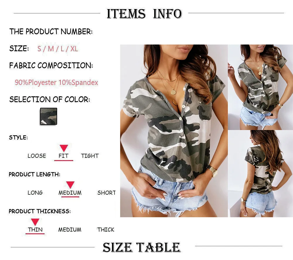 2020 Summer New Women Camouflage Print T-shirt Top Women V-neck Button Decor Short Sleeve Tee