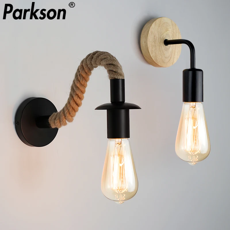 Wood Wall Lamp Vintage Hemp Rope Wall Lamp E27 110V 220V Industrial Sconce Bedside Indoor Loft Outdoor corridor Lights