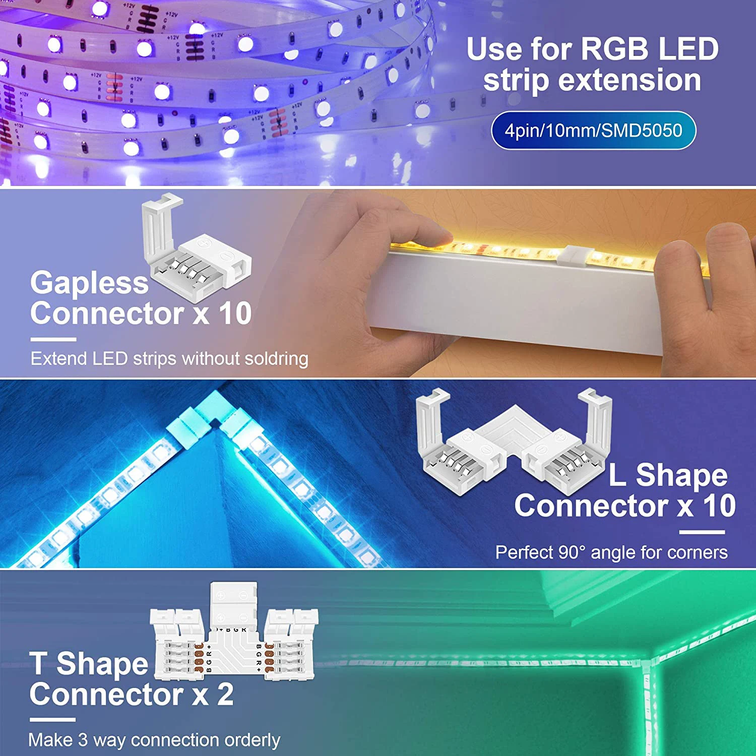 kit de conector de luz led rgb com tira clipes de conexão de tira de led
