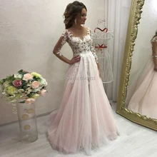 Сексуальные прозрачные розовые свадебные платья трапециевидной формы, кружевные свадебные платья с аппликацией и круглым вырезом, длинным рукавом, пуговицами на спине, шлейфом