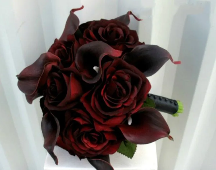 Whitney Black Scene Wedding Dark Red Roses Scarlet Calla Lilies Artificial Flowers Bouquet