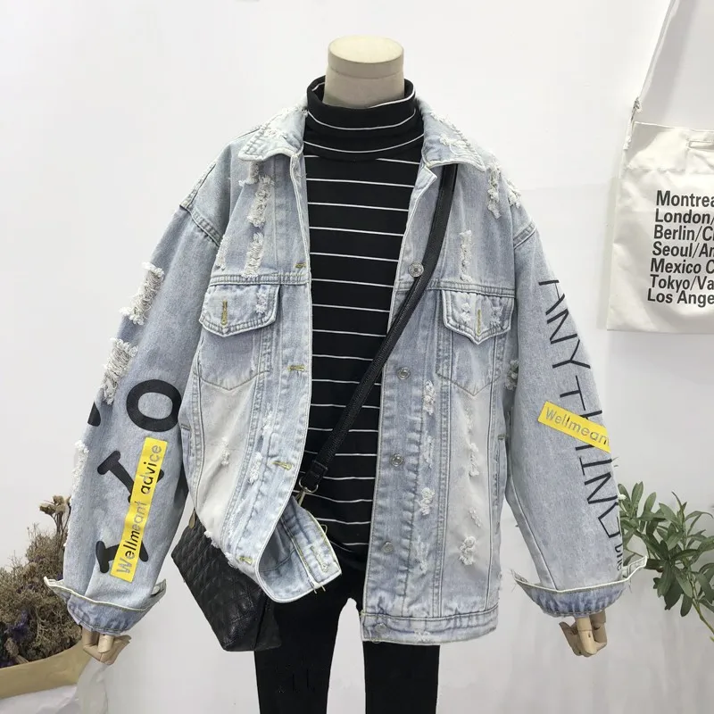

Women's Harajuku Vintage Graffiti Letters Printing Washed Light blue Hole Denim jacket Plus size Loose Bomber jacket Streetwear
