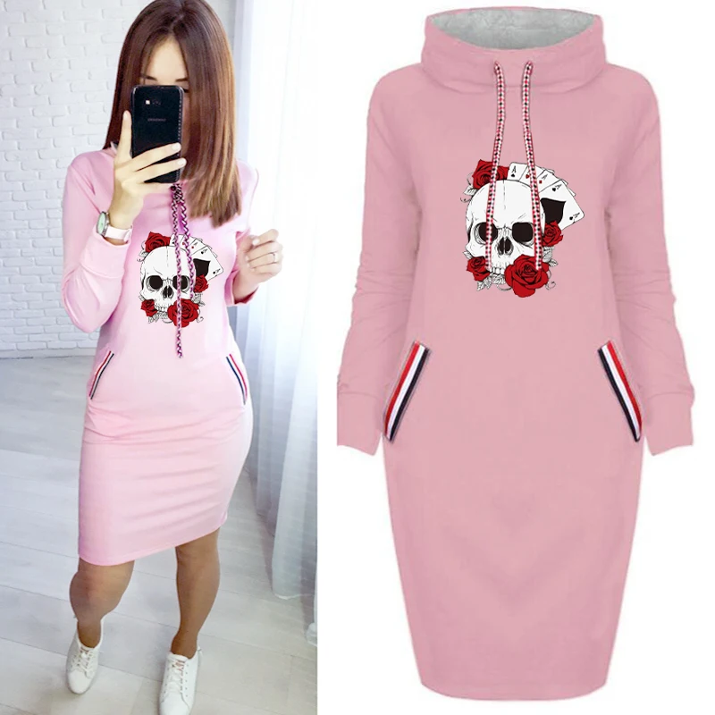 

Midi Dress Woman Playing Cards Rose Skull Printing Fashion Autumn Plus Size Dresses Long Sleeve Robes Bodycon Party Short Dress