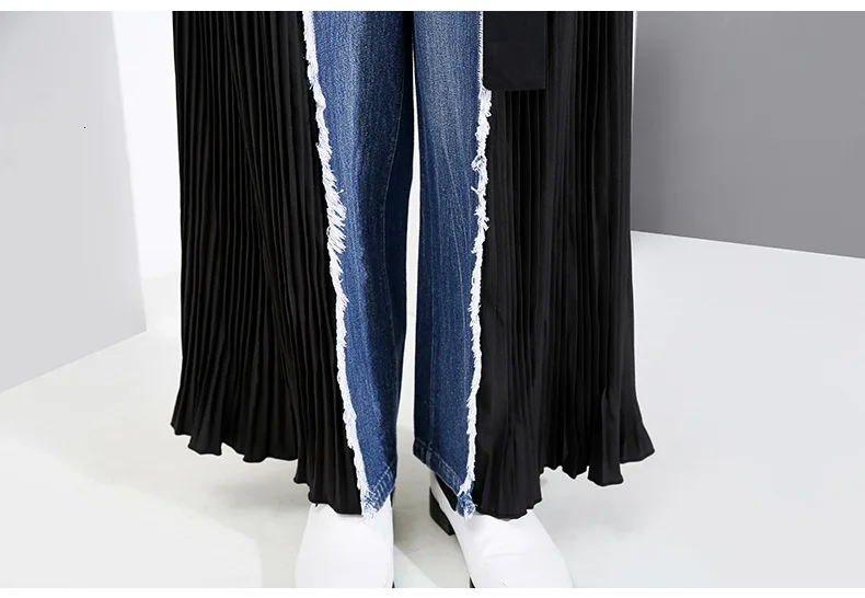 [EAM] синие плиссированные длинные широкие джинсовые брюки с высокой талией, новые свободные брюки, женские модные весенне-осенние 1D669