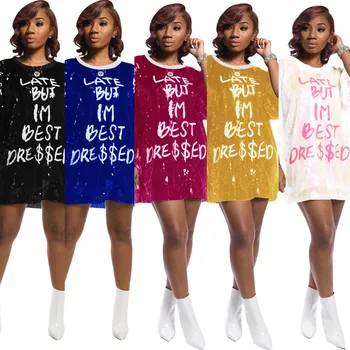 

Fashion Women's Sexy O-Neck Letter Print Gauze Sequins Patchwork T-Shirt Dress Women Sexy Club Mini Dress Female Vestidos