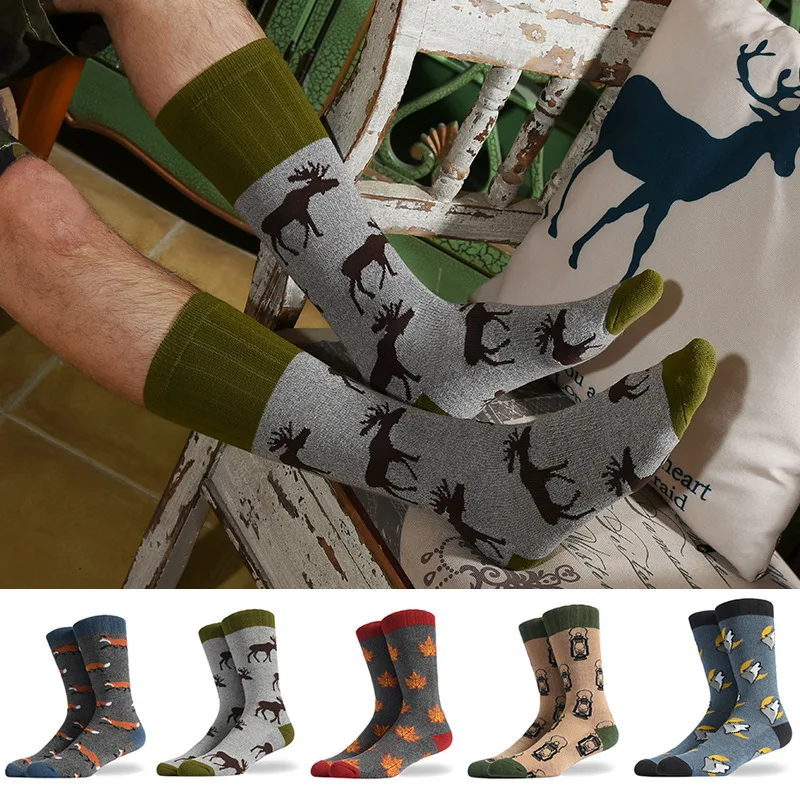 2023 New Fashion Socks Men's Fun Animal Cotton Socks New Socks Barefoot Deer Fox Leaves Fashion Socks woman socks horror thriller castle ghost pumpkin lantern fun socks fashion personality 3d halloween party printing boat socks