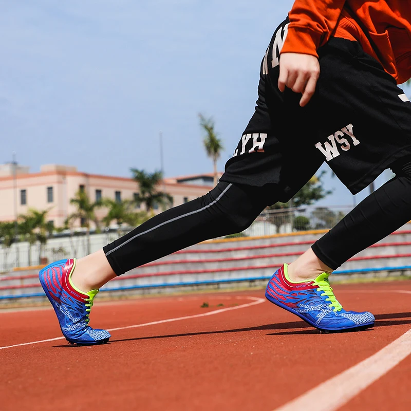 Men Women Boys Girls Track and Field Shoes Mesh Breathable Athletics Spike Shoes Black Blue Racing Sneakers Lightweight Trainers