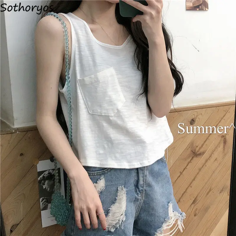 Women Tanks Tops Female Crop Top Solid Thin Pocket Slim Sweet Girls