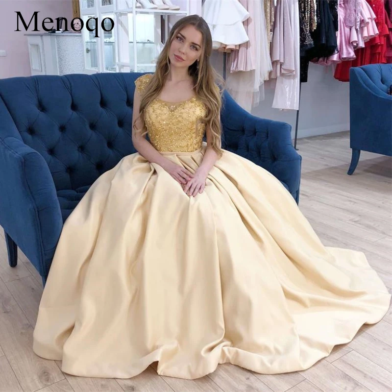 

Charming 2019 Arabic Prom Dresses Scoop Beaded Cap Sleeves Sparkly Girls Graduation Party Gowns with Pickets gala jurken P58AU16