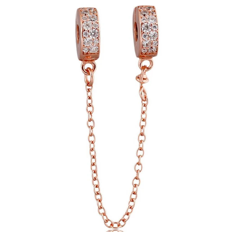 

New 925 Sterling Silver Bead Charm Rose Gold Shining Elegance With Crystal Safety Chain Bead Fit Pandora Bracelet Diy Jewelry