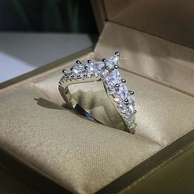 Silver Ring Exquisite Ladies V-shaped Zircon 925 Sterling for Wedding Bridal Birthday