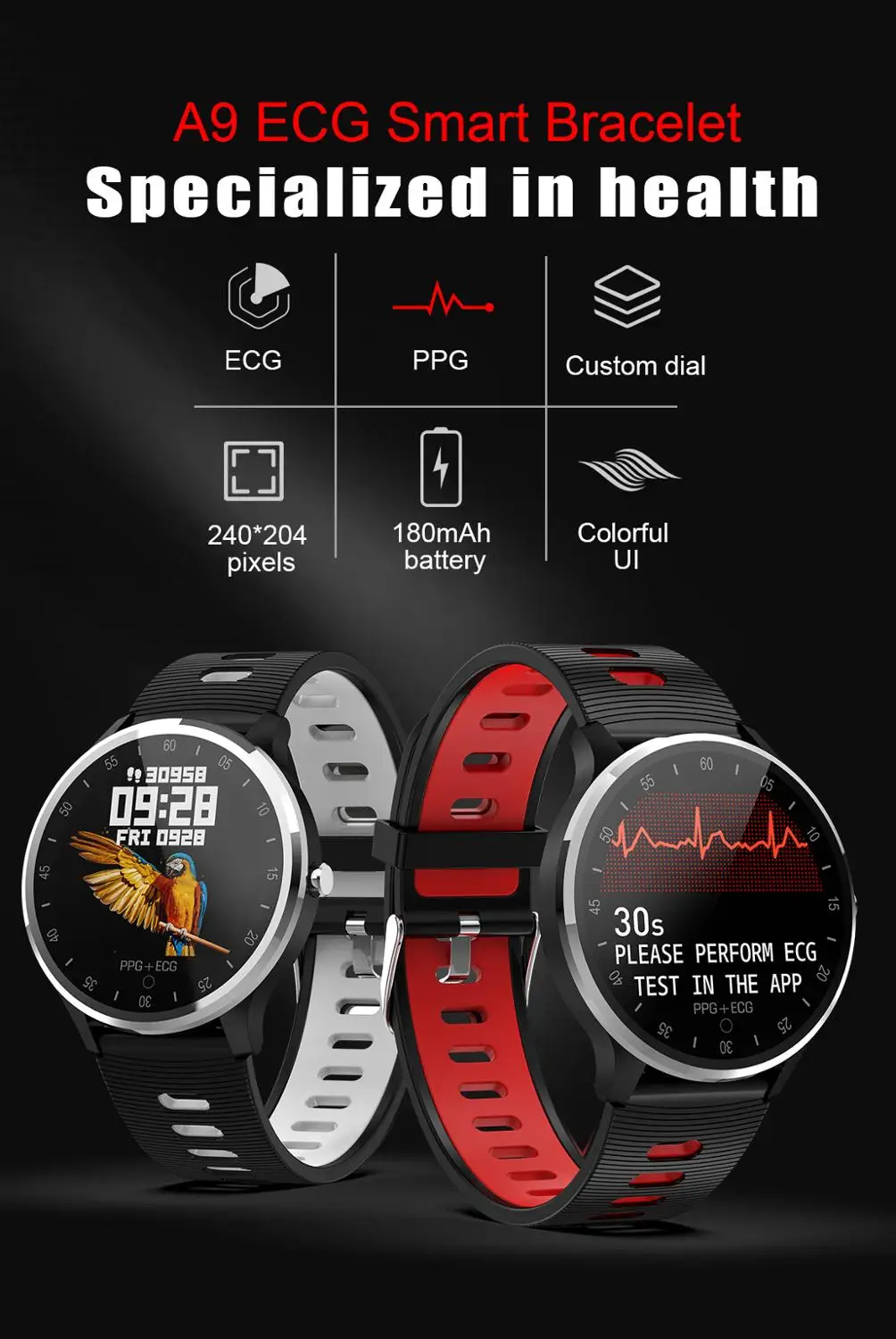 ECG PPG A9 Smart Wristband Blood Pressure Heart Rate Sleep Monitor Smartband Step Calories Count Smart Sport Watch Men Bluetooth