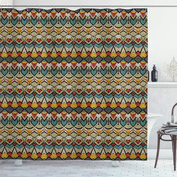 

African Shower Curtain Complex Pattern of Triangles Half Circles and Zigzag Lines with Retro Grunge Look Polyester Fabric Bath