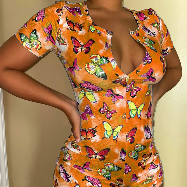 Button Butterfly Print Plus Size Short Sleeve Jumpesuit Women Bodycon Romper Sexy Female Club Streetwear Clothes Lady