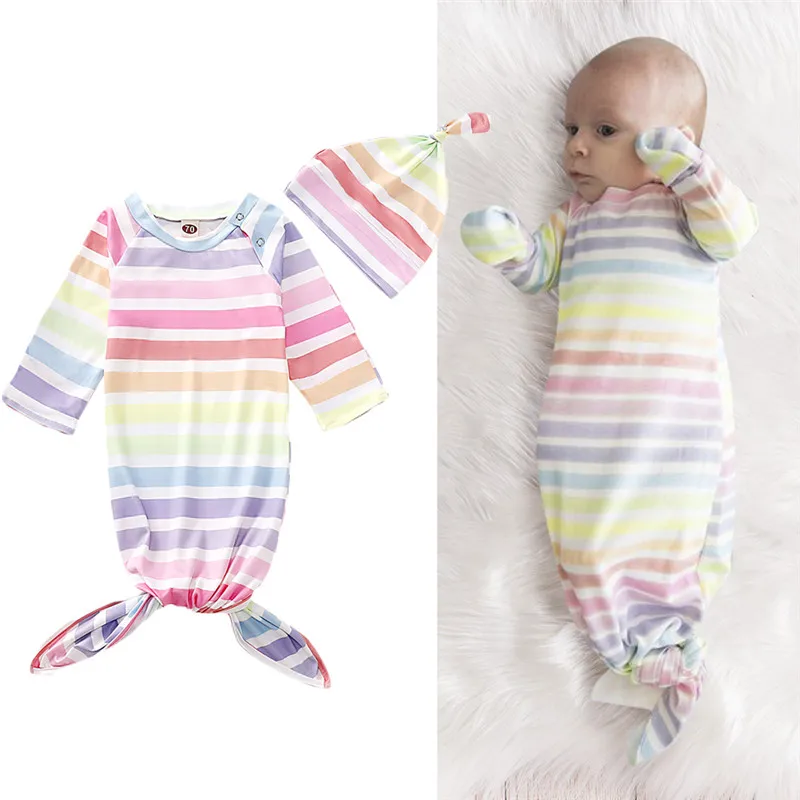 Одежда для новорожденных детей от 0 до 6 месяцев, Детские спальные мешки в разноцветную полоску+ шапочка, комплект из 2 предметов высокого качества, мягкий комплект для малышей