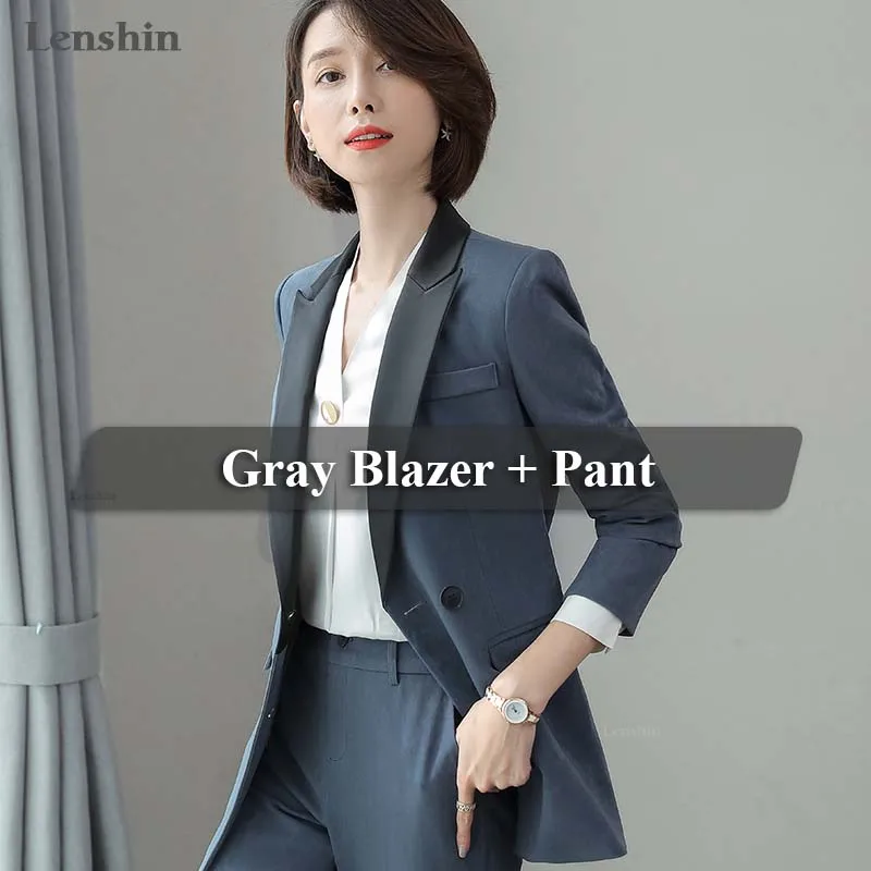 2 Pieces Gray Suit Lenshin, двубортный комплект из 2 предметов, элегантный Деловой брючный костюм для женщин, рабочая одежда, офисный стиль, деловой пиджак с брюками - Цвет: 2 Pieces Gray Suit