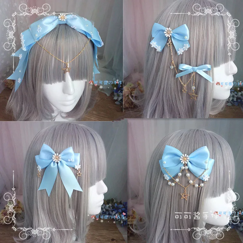 

Antique Lolita Headdress Japanese Soft Sister Cute Sweet Girl Bow Ribbon Sky Blue Sax Headband Hair Band chain clip Headwear