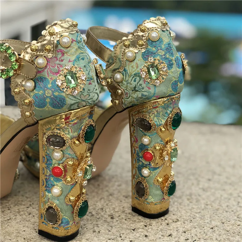 Blue Silk Shoes Woman Peep Toe Decor Pears Narrow Bucke Chic Chunky Square High Heels Studded Crystal Sandalias Woman Sandals