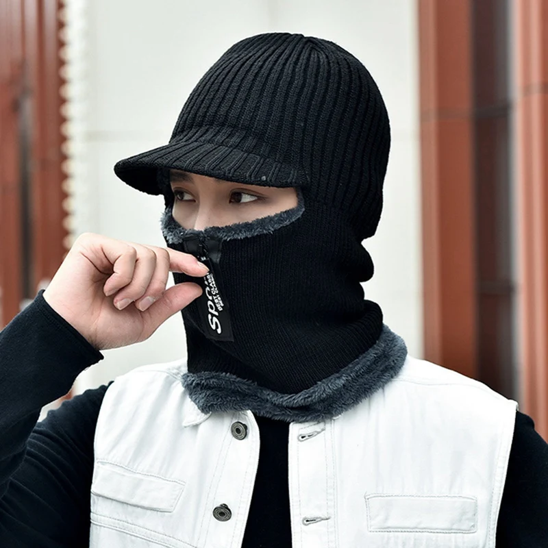 

2020 Autumn And Winter Plus Velvet Thick Woolen Hat Warm And Windproof One-piece Hat New Zipper Knitted Hood