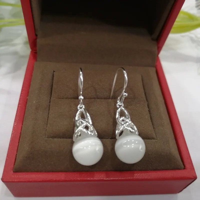 

Real Sterling S925 Silver White Cat Eyes Stone Opal Drop Dangle Earrings 32x10mm