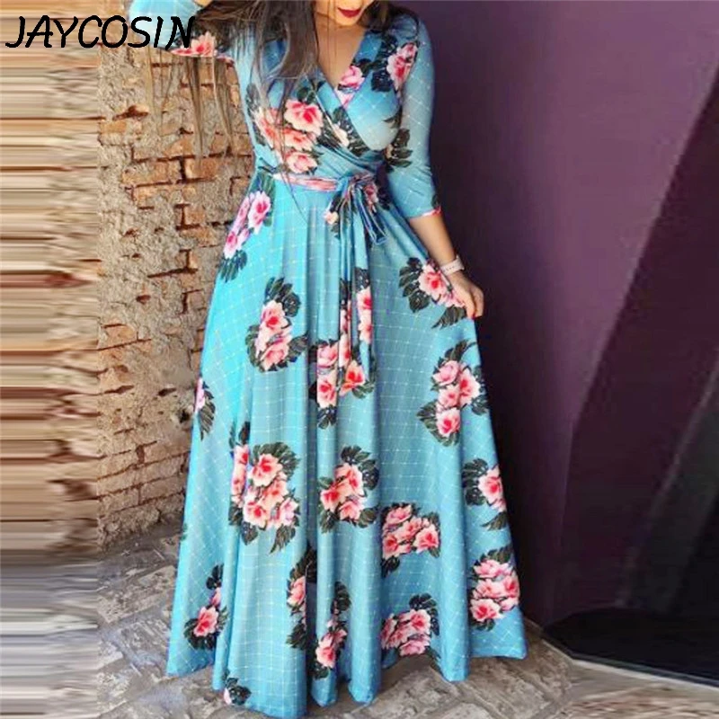 JAYCOSIN женское платье с цветочным принтом V образным вырезом и длинным рукавом