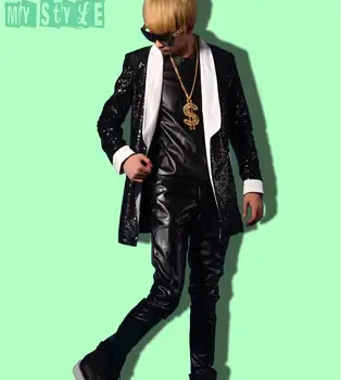 

2019 new European and American fashion men's black sequin stitching suit stage nightclub men DJDS singer costume suits