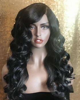 

1*5inch Part All Machine Weft Wigs Body wave Synthetic Wigs Side Part Natural Density Black Wig Heat Resistant Fiber Hair Wigs