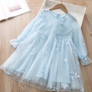 

5209 Bow Flower Embroidery Princess Baby Girl Dress 2020 New Spring Party Wedding Kid Dress For Girl Wholesale Children Clothes
