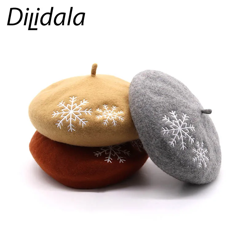 Dilidala Winter Beret Snowflake Embroidery Wool Beret Female Korean Version Adjustable Japanese Wild Painter Hat Pumpkin Hat