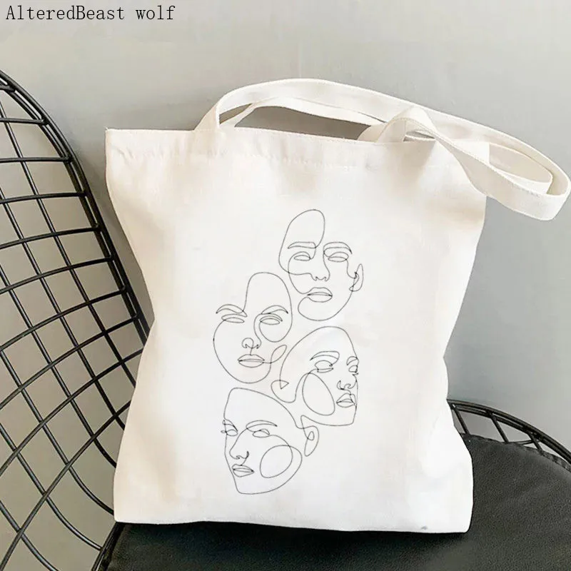 Women Shopper bag Woman Face Line Drawing line Bag Harajuku Shopping Canvas Shopper Bag girl handbag Tote Shoulder Lady Bag