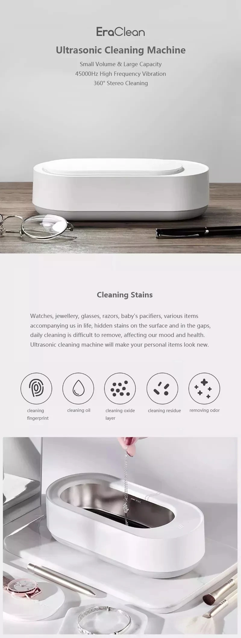 Новая Xiaomi Mijia EraClean ультразвуковая Чистящая машина 360 ° стерео Чистящая 45000 Гц высокочастотная вибрация для чистки очков