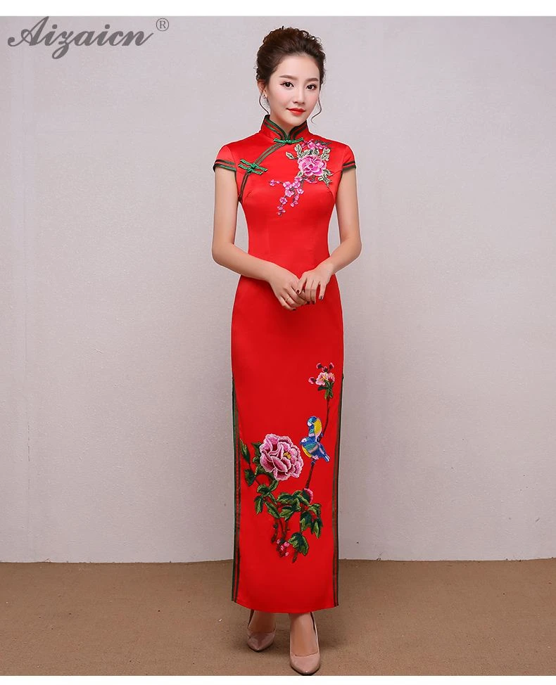 Современная китайская вышивка длинный Cheongsam красная Невеста тонкое платье Qi Pao Женская Китайская традиционная одежда аналогичное шелковое платье Qipao