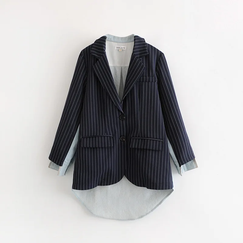 

Europe And America 2018 Autumn New Style Stripes Cowboy Joint Small Suit Coat Irregular Tops C6-0291