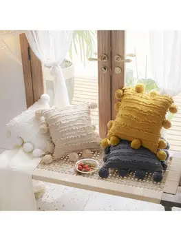 

Solid Color Throw Pillow Case Pompom Fringe Striped Jacquard Cushion Cover Decor N1HF