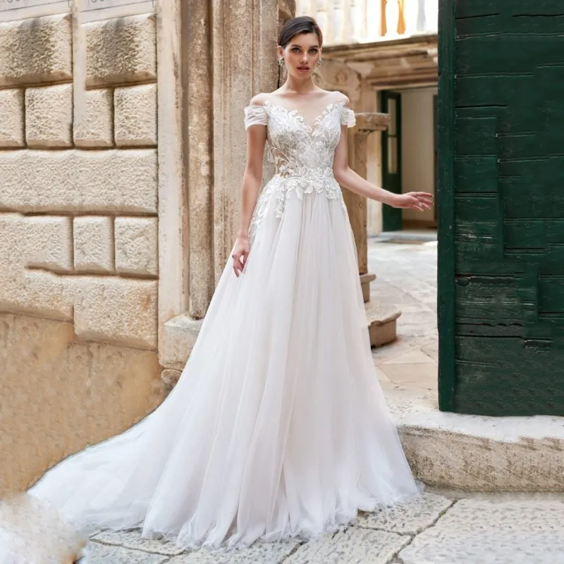 

Thinyfull Princess Pearls Wedding Dresses Scoop A Line Off The Shoulder Bride Dresses Button Tulle Lace Appliques Bridal Gown