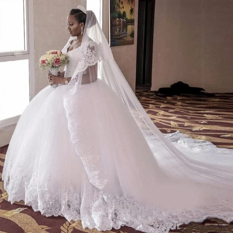 ZJ9064 White Ball Gown Wedding Dresses 2020 cap sleeve  beading Gorgeous Lace V-Neck royal Train Plus Size Bridal Gowns ball gown wedding dress