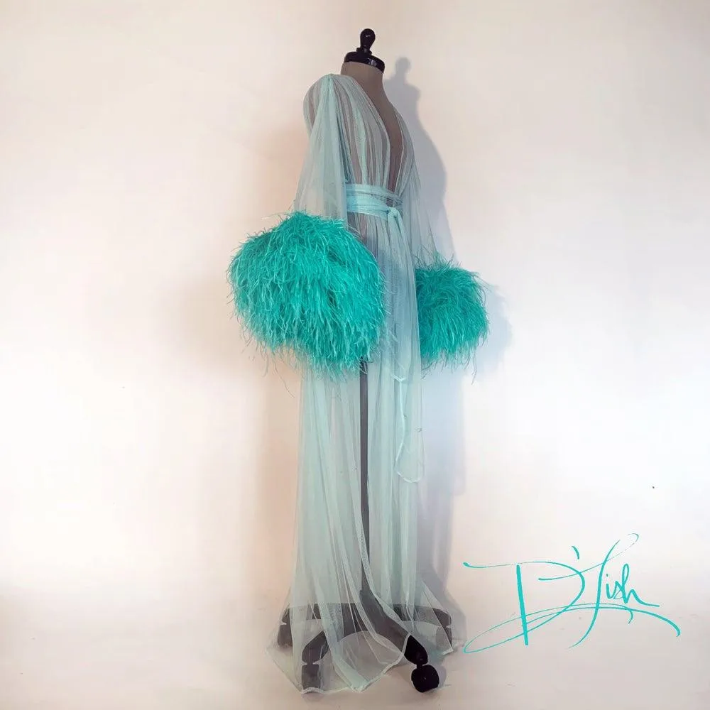 Turquoise Robe De Mariée Sexy Women Bathrobe Feather Sleepwear Nightgown Long Sleeve Long Robe Spa Bridal Boudoir Robe