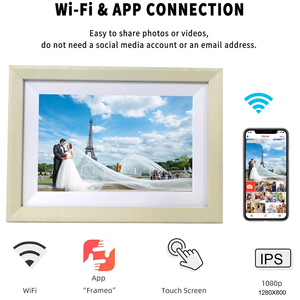 WiFi Digital Photo Frame 10 inch Touch Screen HD Display Wooden Picture Frame Wedding Gifts Share Photo via Frameo