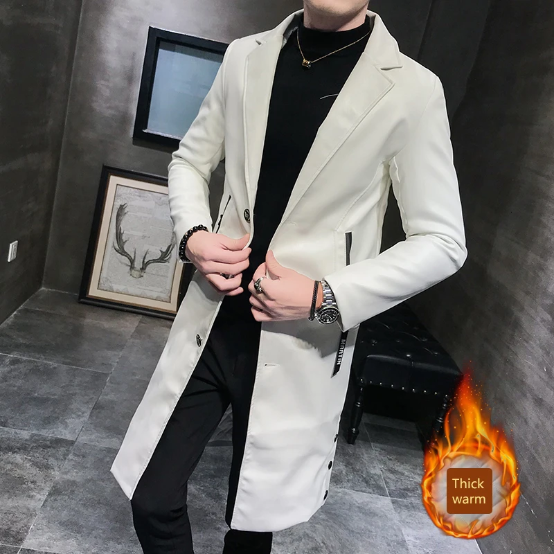 Chaqueta Cuero Hombre, большой меховой воротник, мужской Тренч из искусственной кожи, мужские пальто, новинка, роскошный жилет, Homme, облегающие длинные пальто