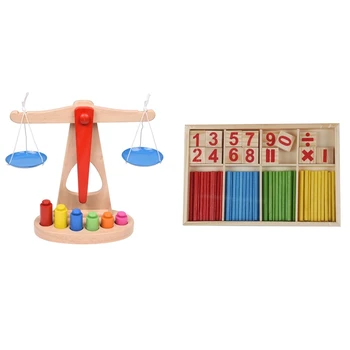 

1Pcs Wooden Counting Math Game Kids Preschool Education Intelligence Stick & 1Pcs Children Toy Wooden Balance Scale with 6 Weigh