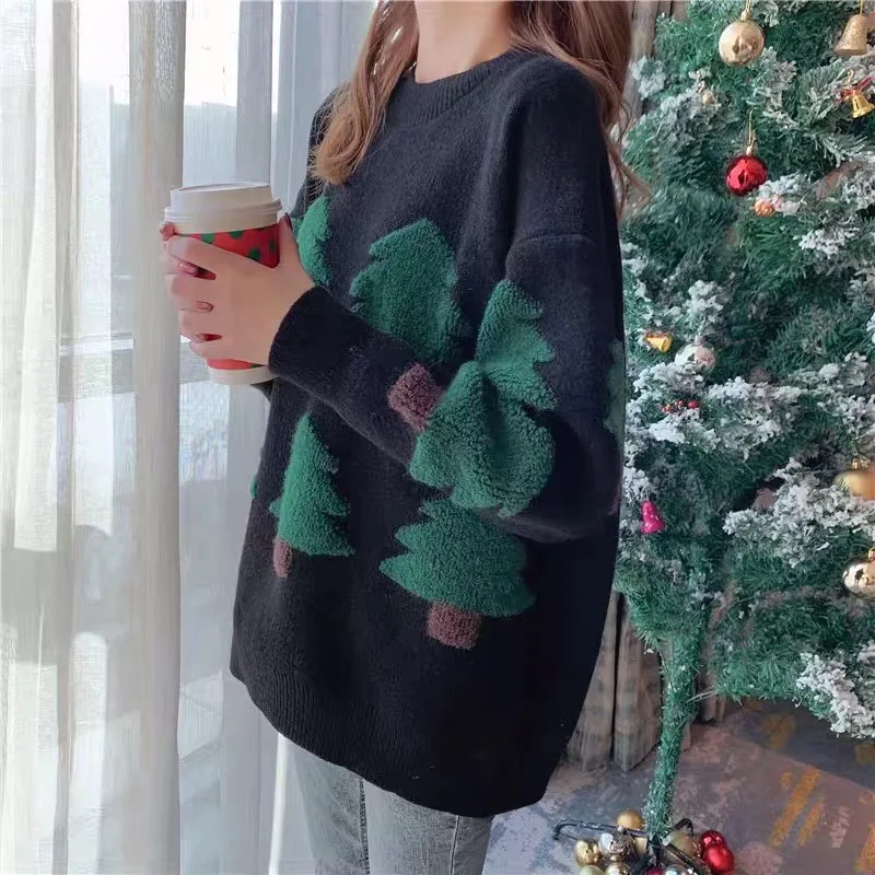 Свободные утолщенные женские свитера с вышивкой рождественской елки, зима, милый Рождественский вязаный теплый пуловер с круглым вырезом, свитера с рисунком