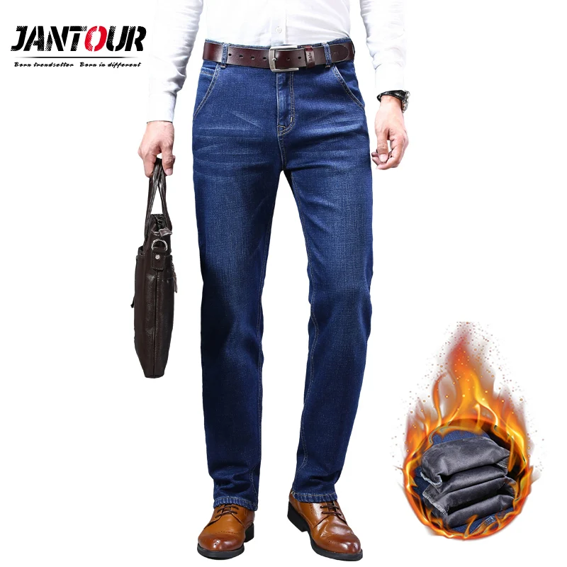 

Winter Men's Warm Jeans Classic Style Thicken Denim Elastic Fit Black Jean Pants Male Brand Casual Business Blue Trousers 28-40