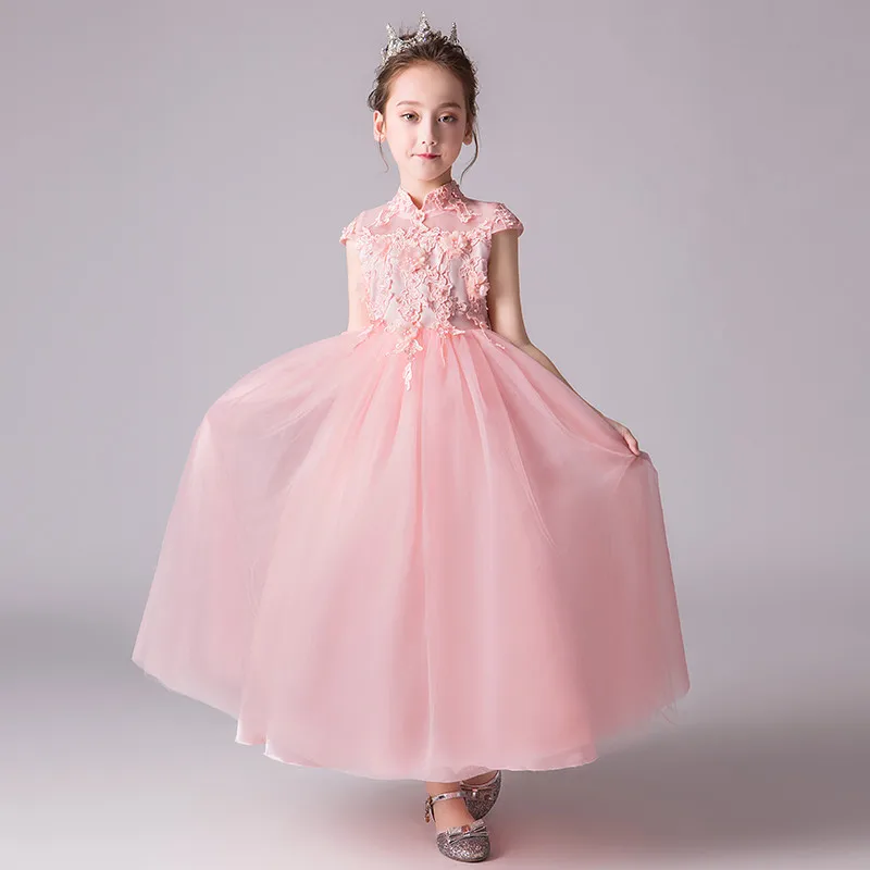 Pink Роскошное нарядное летнее розовое Модное бальное платье с цветочным узором для девочек, новинка года, детское Пышное Платье для подростков на свадьбу, день рождения, праздничное платье - Цвет: Pink