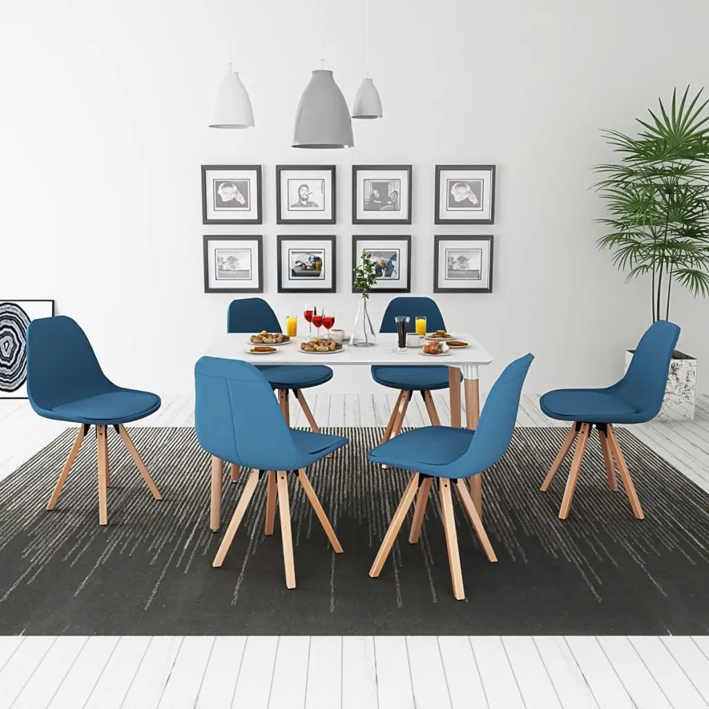

Modern Furniture VidaXL Dining Table and Chairs 7 Pcs Units White and Blue Fabric Chairs & Table with Wood Legs Free Shipping